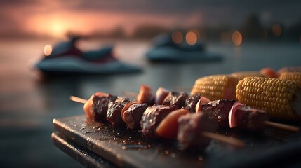Sunset barbecue with grilled skewers and corn by the lakeside as jetskis race past.
