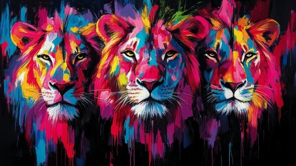 Fototapeta premium Vivid chromatic lions modern artistic interpretation embodying boldness and creativity through striking visuals captivating contemporary piece featuring majestic felines