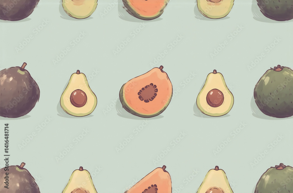 Poster a repeating pattern featuring halved avocados and papayas, ideal as an avatar or digital wallpaper. 