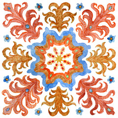 Watercolor painted tile with hand drawn geometrical and floral ornaments isolated on a white background