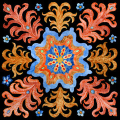 Watercolor painted tile with hand drawn geometrical and floral ornaments isolated on a black background