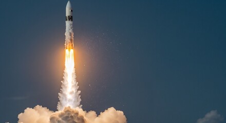 Dynamic Rocket Launch in Twilight Sky with Fiery Exhaust