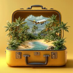 3D Render Yellow Suitcase Tropical Beach Scene