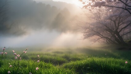 Flower blossom in misty field