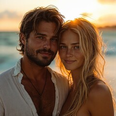 Young Couple with Warm Smiles in Casual Beach Attire during Golden Hour Portrait