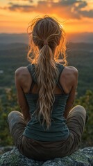 Adventurous Woman with Contemplative Pose Enjoying Sunset on Mountain Peak