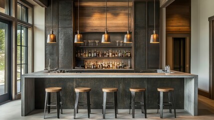 Modern industrial-style bar with a concrete counter, steel stools, and dramatic lighting, creating a sleek and edgy atmosphere.