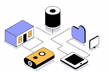 Smart Home IoT Ecosystem Vector, Isometric vector showing connected smart devices in a home environment, ideal for IoT and tech presentations, Smart Home Automation System Vector
Connected Home