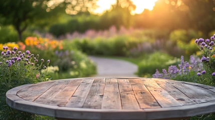 Wooden table surface captured in early morning light with soft-focus greenery and fresh dew on leaves, set in peaceful outdoor scene ideal for organic product backdrops natural design themes