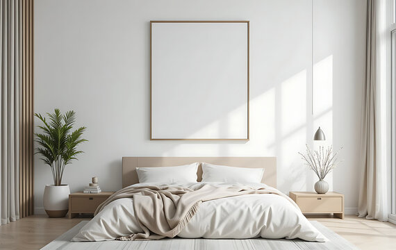 Home bedroom interior with large blank poster on white wall