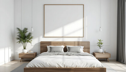 Home bedroom interior with large blank poster on white wall