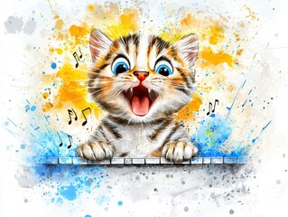 Playful kitten on piano home digital art colorful background close-up joyful music vibes
