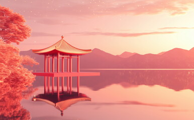 a crimson floating pavilion with golden roof ridges, mirrored in still lake surface