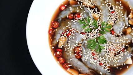 shrimp in soy sauce on white plate, korean style menu