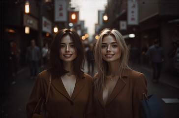 Obraz premium Two women, similar in appearance but with different hair colors, stand closely together on a dimly lit city street. They are smiling and wearing matching brown jackets. The background is blurred, sh