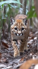Fototapeta premium Jaguarundi Walking Through Jungle Foliage Hunting for Prey in Natural Habitat