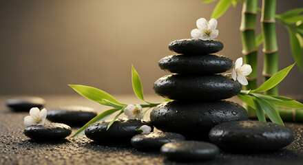 zen stones and green leaf