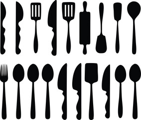 twenty black kitchen utensil silhouettes for cooking