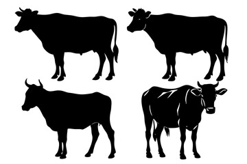 set of cow vector silhouette illustration isolated on white background