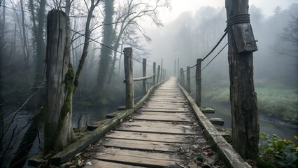 Rustic Wooden Footbridge Made from Uneven Planks