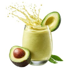 Avocado smoothie with splash on white background