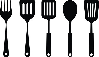 five black kitchen utensil silhouettes for cooking