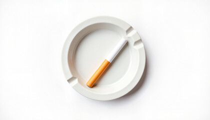 Ashtray with cigarette placed on white background  