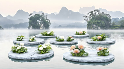 Fototapeta premium Floating stone platforms with flowers, nestled in a tranquil mountain lake.