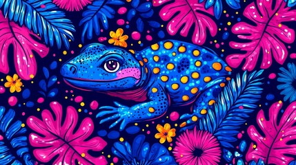 Vibrant tropical pattern featuring a blue lizard amidst lush pink and blue foliage creating a captivating and colorful nature inspired design
