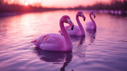 Fototapeta premium Flamingos in twilight serene scene pink birds swimming reflecting sunset hues water ripples tranquil nature dusk scenic wildlife beauty calm