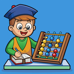 Cartoon Boy Learning Math with Abacus and Notebook