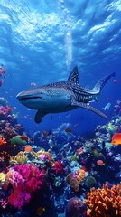 Fototapeta premium Whale Shark Swimming Coral Reef Ocean Habitat