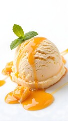 vanilla ice cream with mint on white background