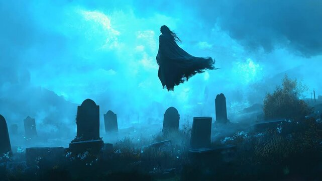 A woman in a black dress is flying through the air. The sky is dark and the trees are tall. Scene is eerie and mysterious