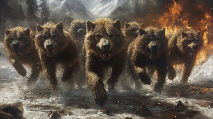 Fototapeta premium Fierce pack of dire wolves charging forward with fiery energy evoking primal strength and untamed wilderness in a high fantasy artwork style