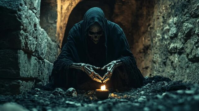 A chilling depiction of the Grim Reaper cloaked in tattered black robes, crouching in a dim stone crypt with a small candle illuminating the eerie scene.