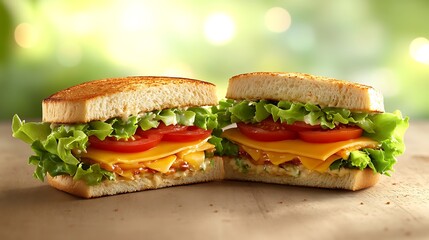 Ultra-realistic sandwich slices with lettuce, tomato, and cheese, bokeh background
