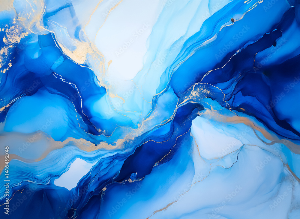 Fototapete this image depicts an abstract fluid artwork showcasing shades of blue with shimmering gold accents,