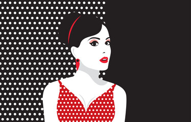 Vector portrait of beautiful young woman wearing red retro dress.
