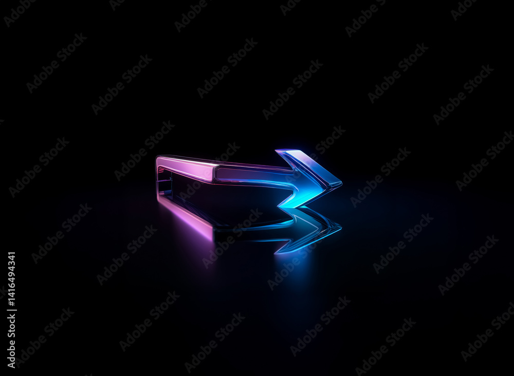 Aufkleber An illuminated, abstract arrow glows with a purple and blue gradient against a stark black background. It has a glossy reflection. Hints of light suggest direction and movement in the design. The imag