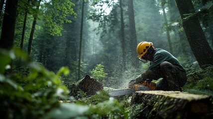 Sawdust is thrown into the air as a laborer uses a chainsaw to cut down a fallen tree in a dense forest with trees all around.