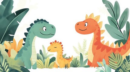 Cute dinosaur family in a lush jungle