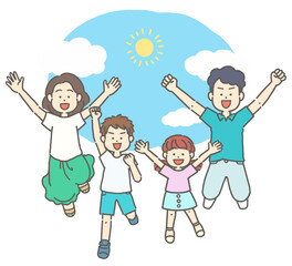 夏の青空とジャンプする4人家族のイラスト
