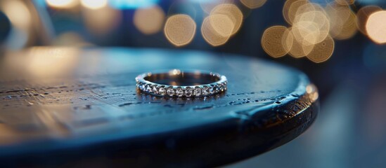 Fototapeta premium Elegant diamond eternity ring resting on a glossy wet surface at night