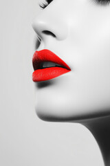 Obraz premium Bold Red Lips on Black and White Close-Up of Woman with Pure White Background and Minimalist Aesthetic