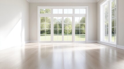 Obraz premium Empty light-filled room with large windows overlooking a garden