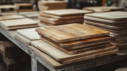 Obraz premium Wooden Cutting Boards in a Manufacturing Facility for Kitchenware Production