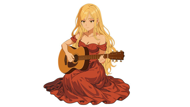 Mulher anime tocando viol&atilde;o, com vestidos longos, loira de cabelos longos 