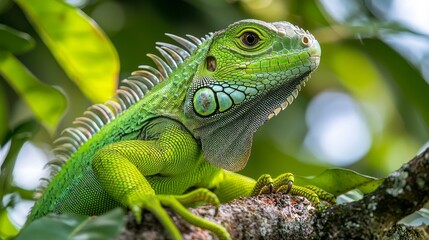A green lizard is perched on a tree branch