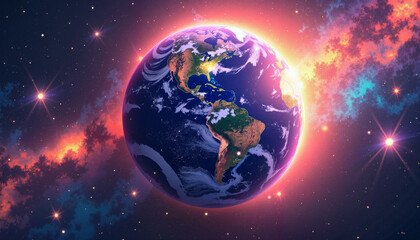 Vibrant Planet Earth surrounded by cosmic colors, celestial beauty